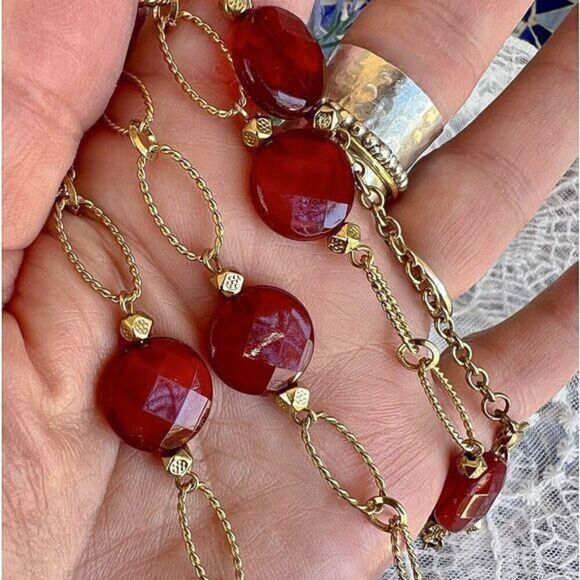 Red & Gold Bead Link Chain Necklace - Picture 4 of 8